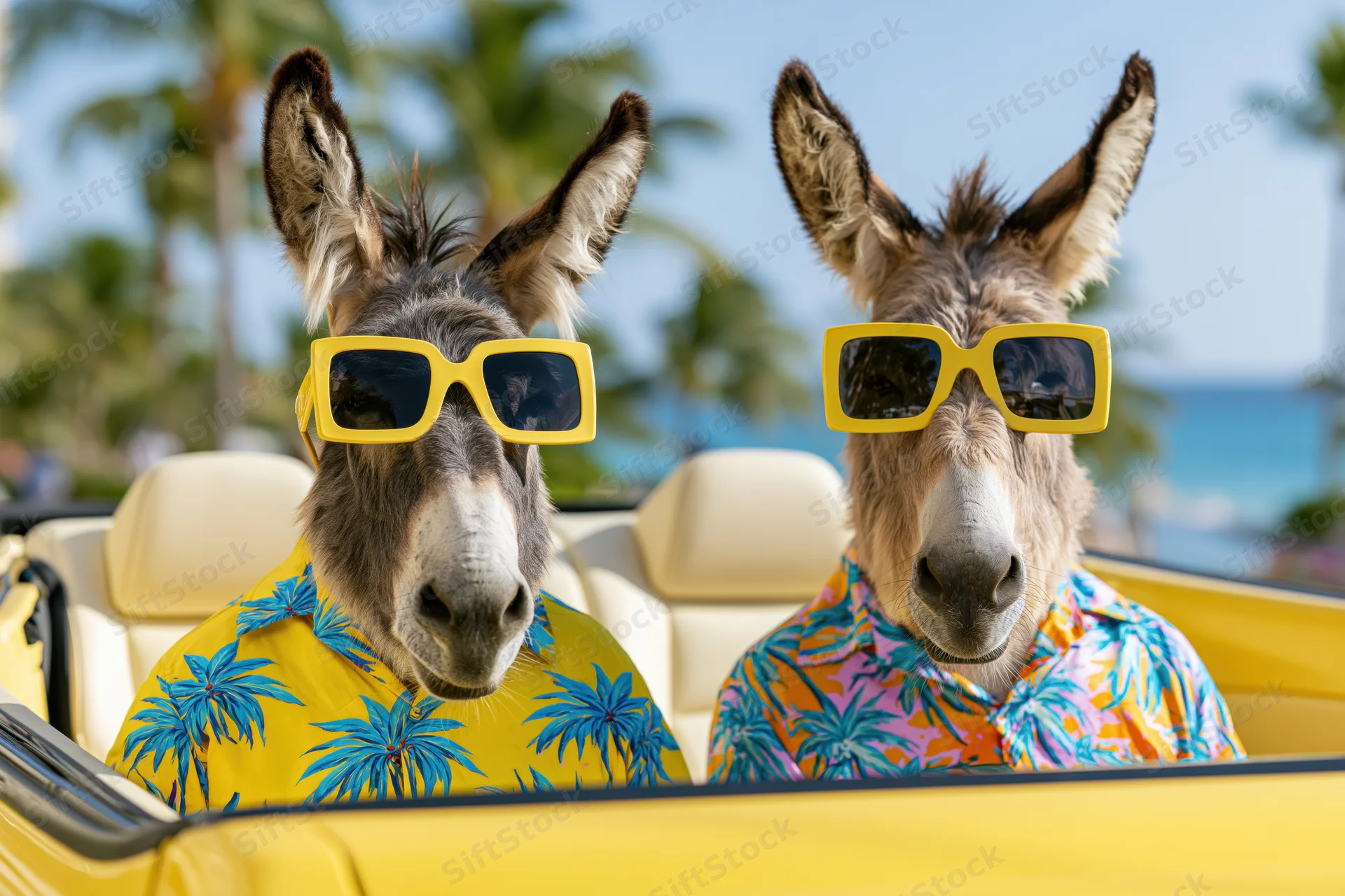 Two anthropomorphic donkeys wearing sunglasses and hawaiian shirts sitting in a yellow convertible car at the beach