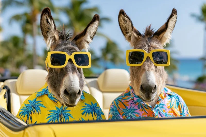 Two anthropomorphic donkeys wearing sunglasses and hawaiian shirts sitting in a yellow convertible car at the beach