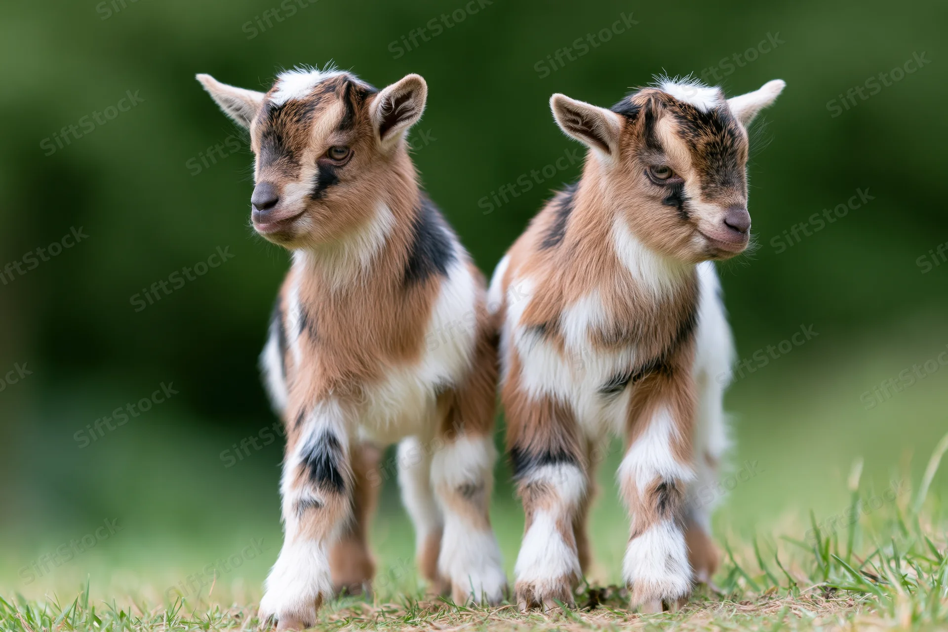 Two baby Nigerian Dwarf goat kids standing close together on grass in a field