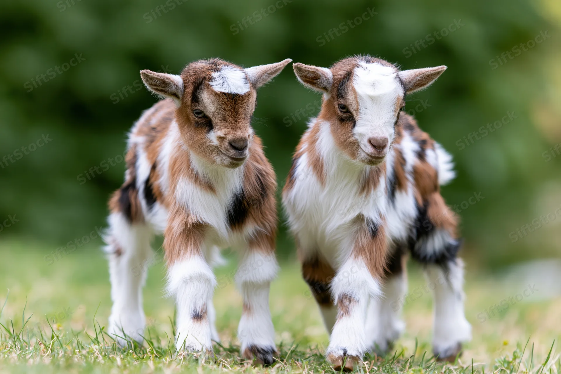 Two baby Nigerian Dwarf goat kids standing close together on grass in a field