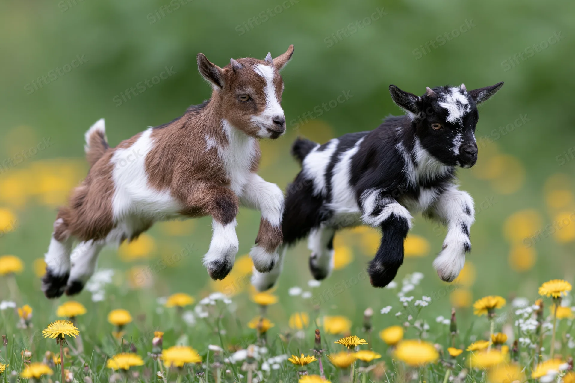 Two baby goats mid-leap playing together in a meadow scattered with yellow flowers