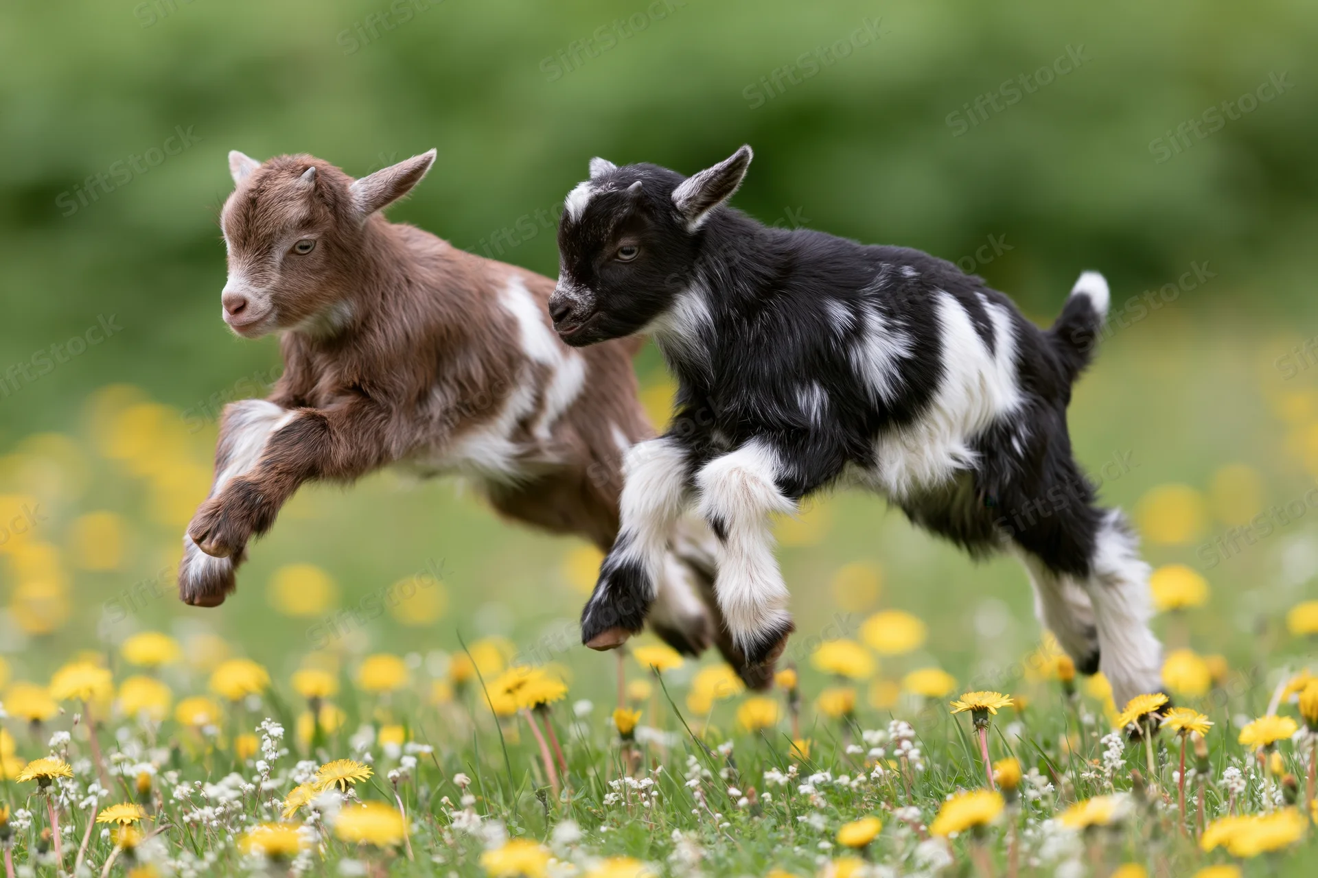 Two baby goats mid-leap playing together in a flower-filled meadow