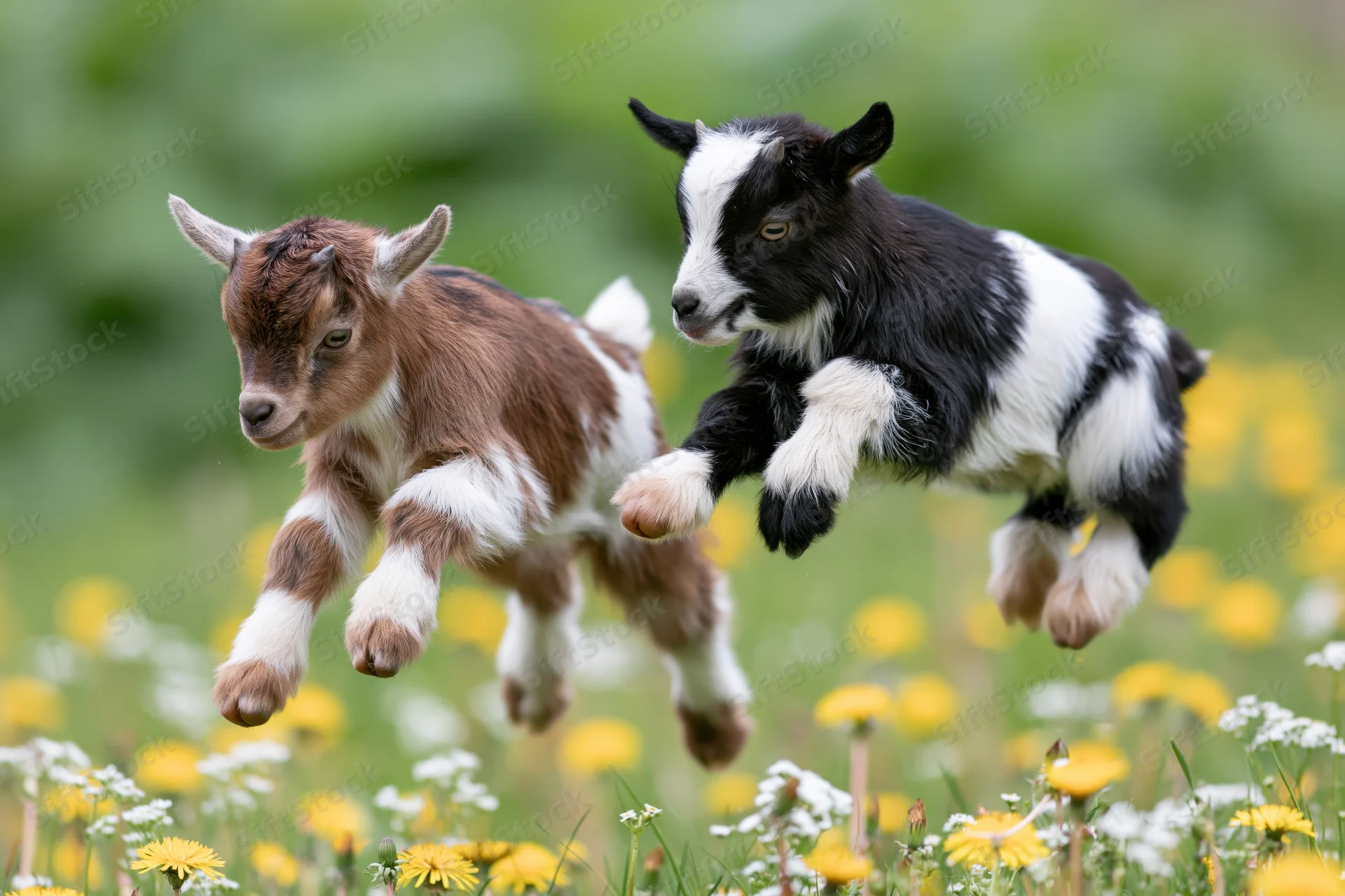 Two baby goats mid-leap playing in a flower-filled meadow