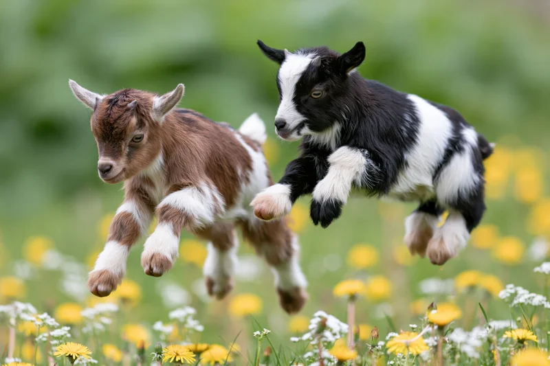Two baby goats mid-leap playing in a flower-filled meadow