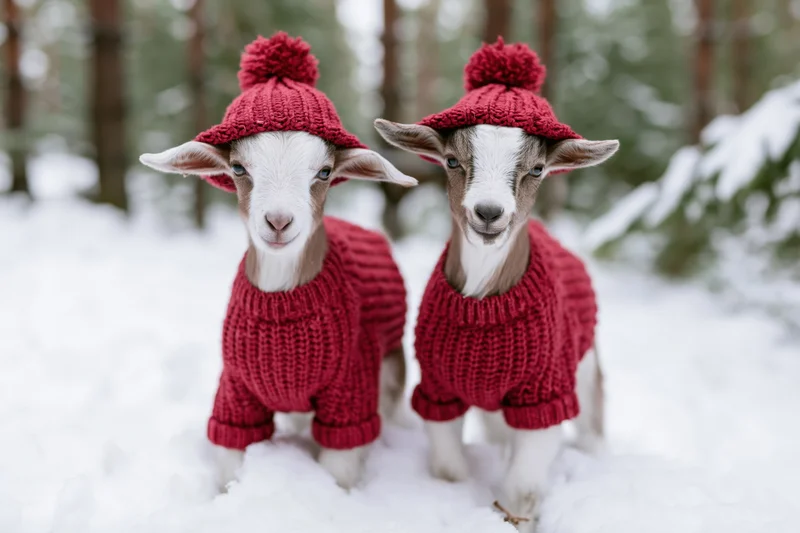 Two baby goats wearing red knitted sweaters and hats standing in snow in a forest