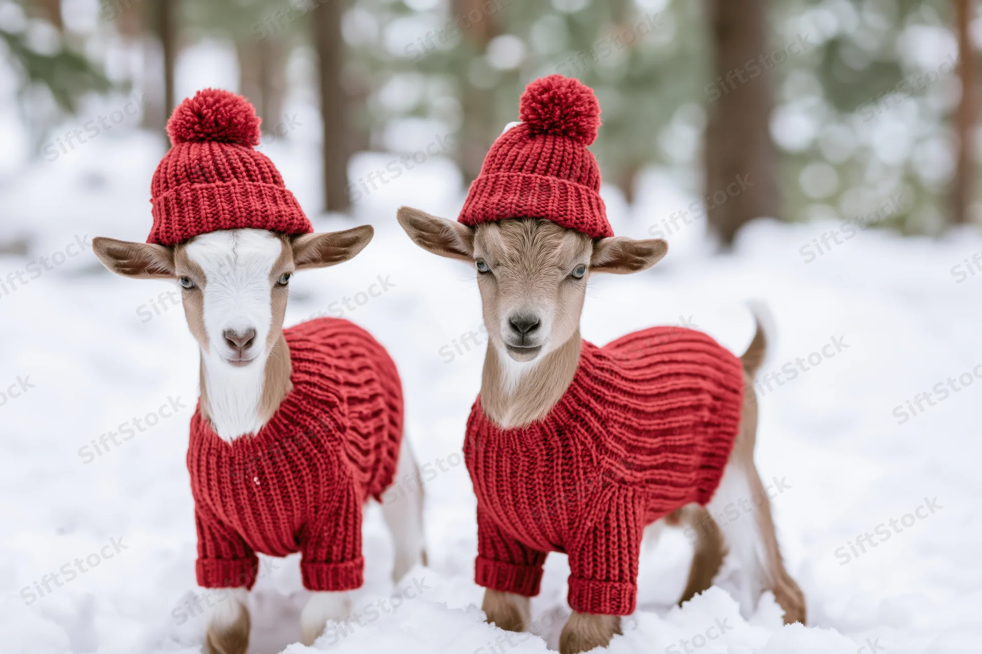 Two baby goats wearing red knit sweaters and hats standing in snow in a forest