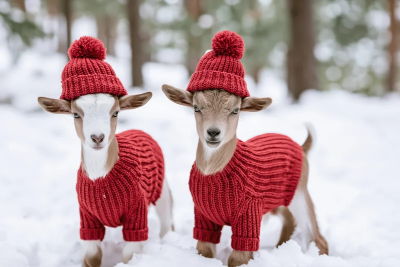 Two baby goats wearing red knit sweaters and hats standing in snow in a forest