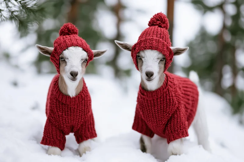 Two baby goats wearing red knit sweaters and hats standing in snow near pine trees