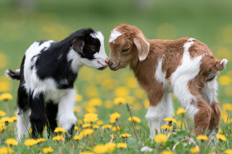 Two baby goats touching noses in a grassy field with yellow dandelions