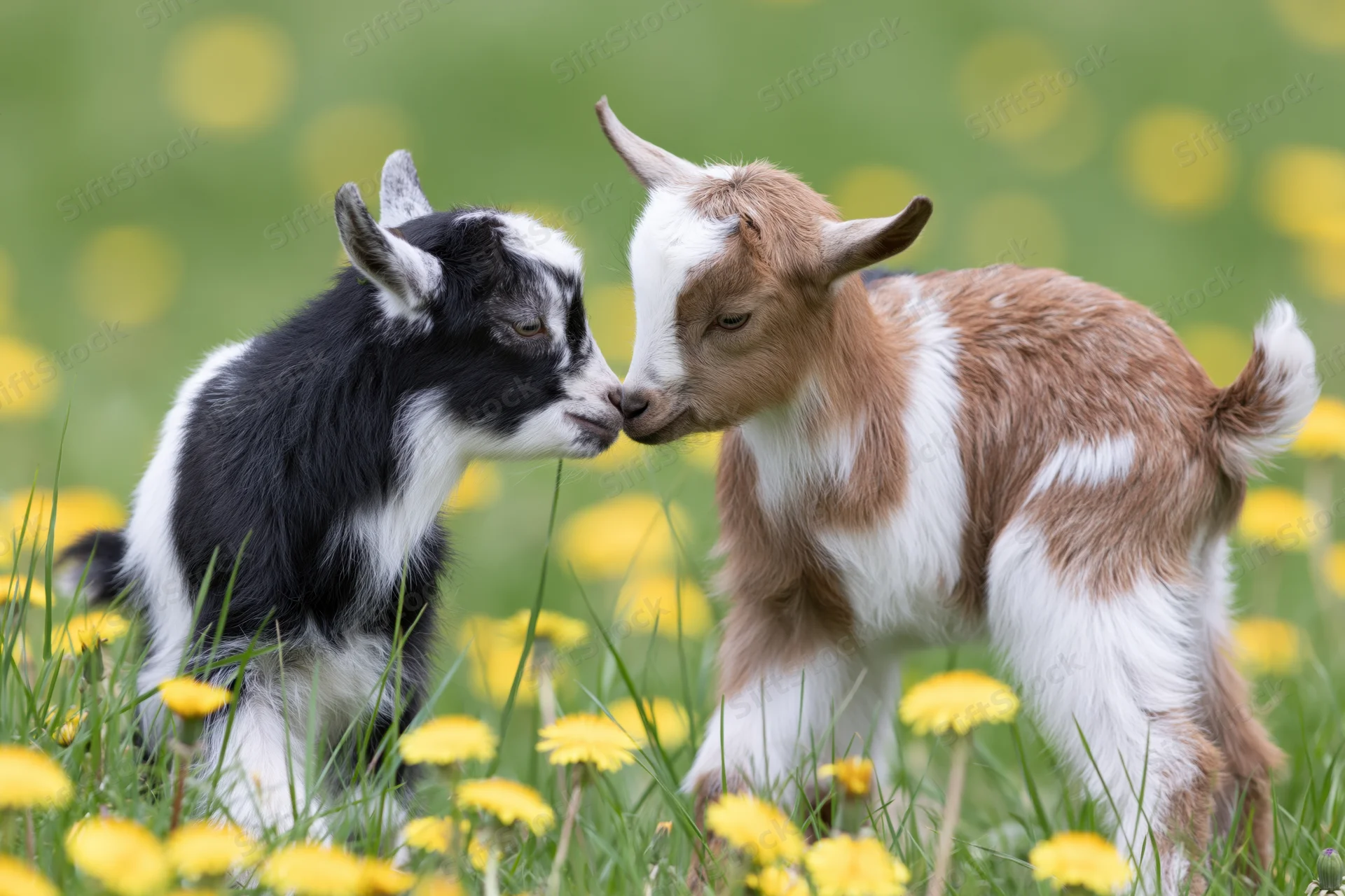Two baby goats touching noses in a grassy field with yellow dandelions