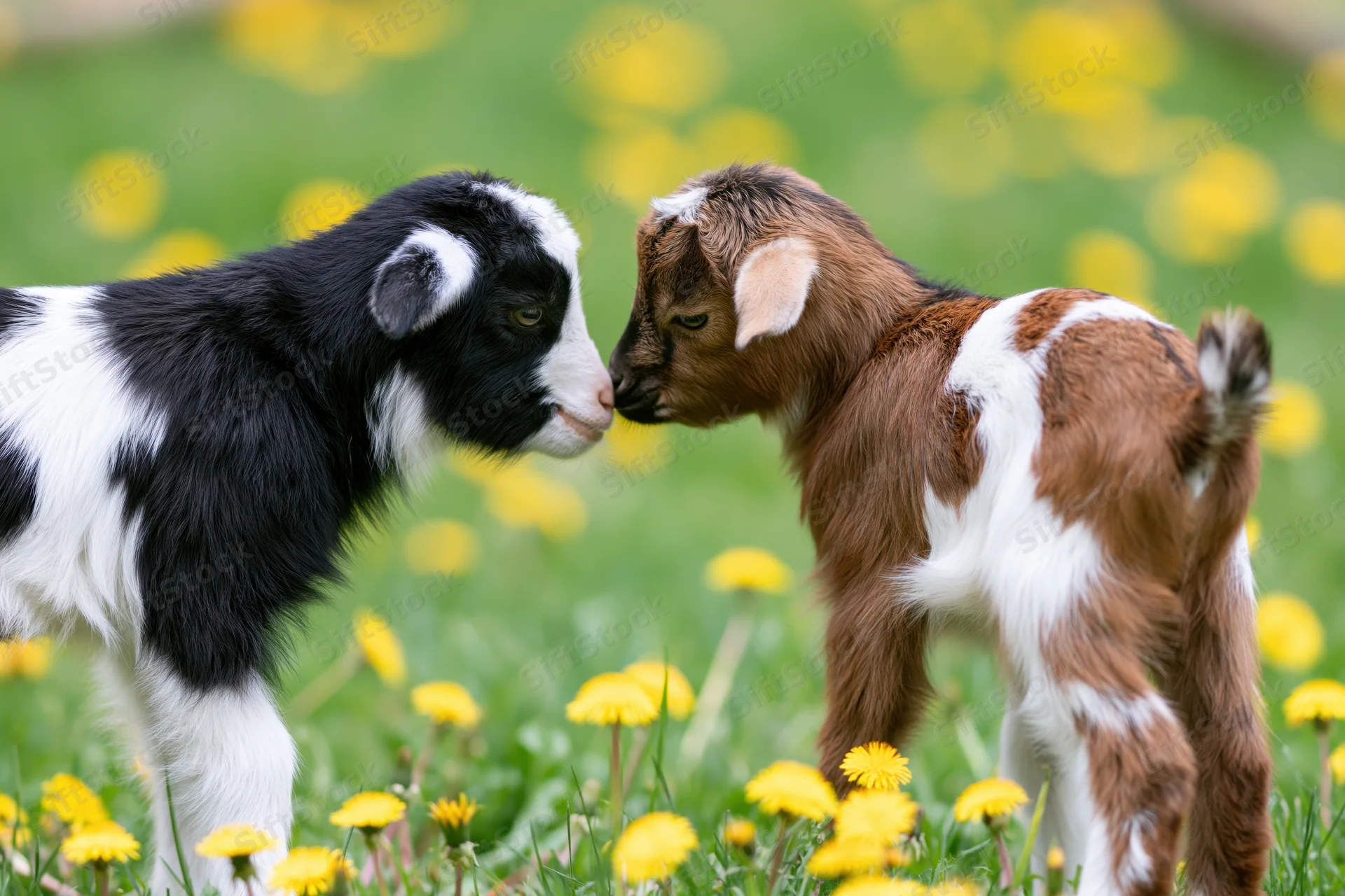 Two baby goats touching noses in a grassy field with yellow dandelions