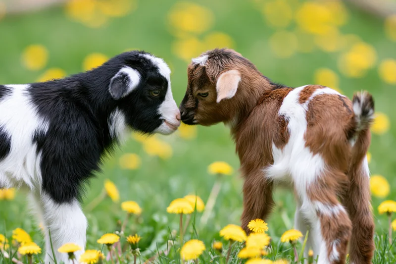 Two baby goats touching noses in a grassy field with yellow dandelions