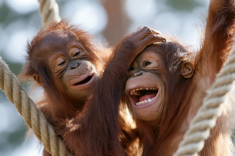 Two baby orangutans playing together on thick rope swings, one laughing with hand on head
