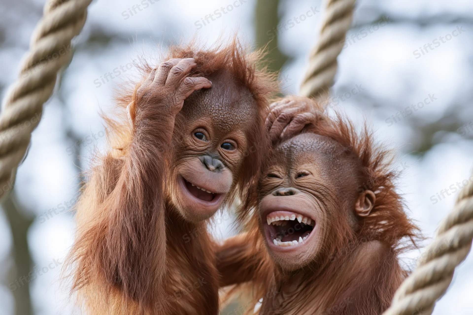 Two baby orangutans playing together on thick rope swings, smiling and laughing in an outdoor enclosure