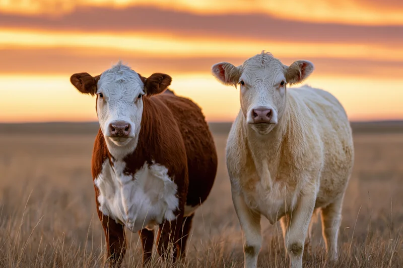 Two beef cattle standing in a dry grass pasture at sunset looking toward the camera