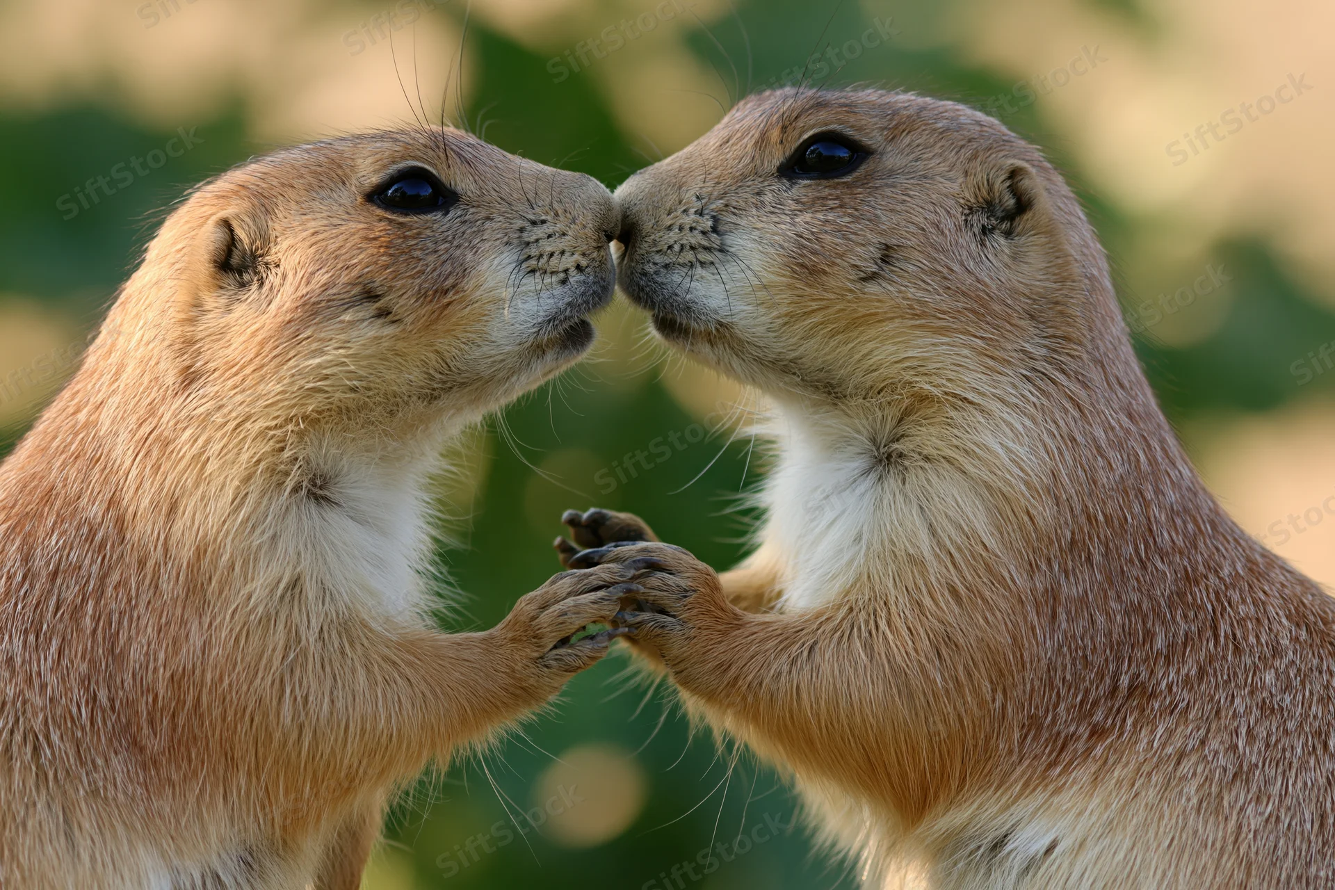 Two prairie dogs nuzzling face-to-face with paws touching in a green outdoor setting