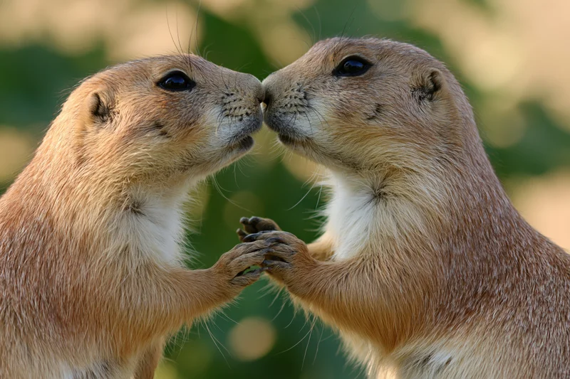 Two prairie dogs nuzzling face-to-face with paws touching in a green outdoor setting
