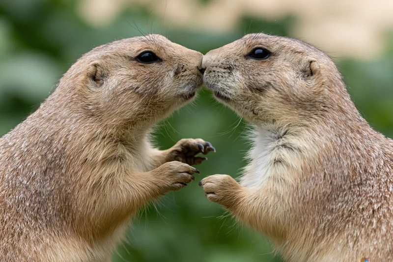 Two prairie dogs nuzzling face-to-face in a green outdoor setting