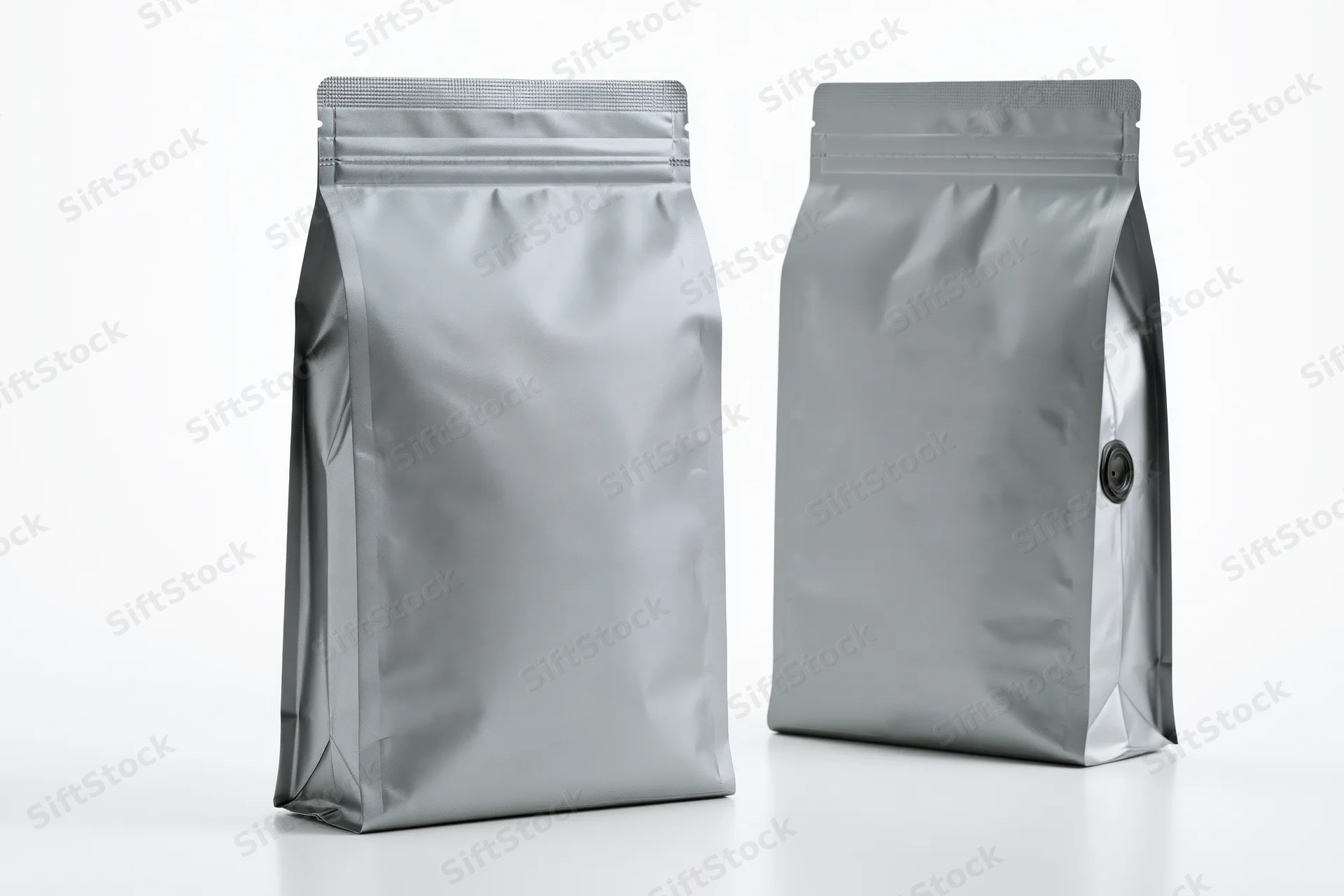 Two blank matte silver foil coffee bags standing upright side by side on white background
