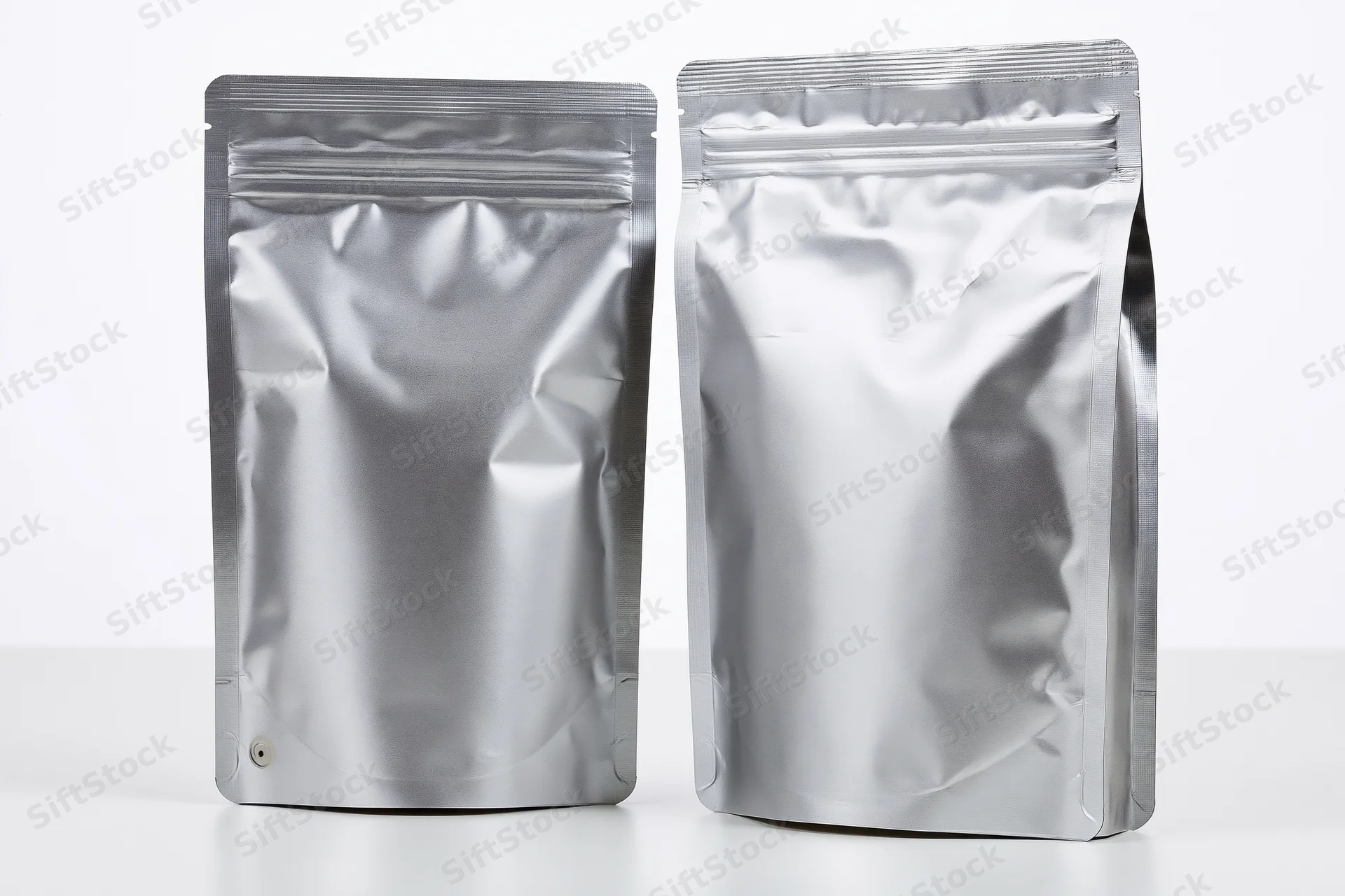 Two blank matte silver foil coffee bags standing upright side by side on white surface