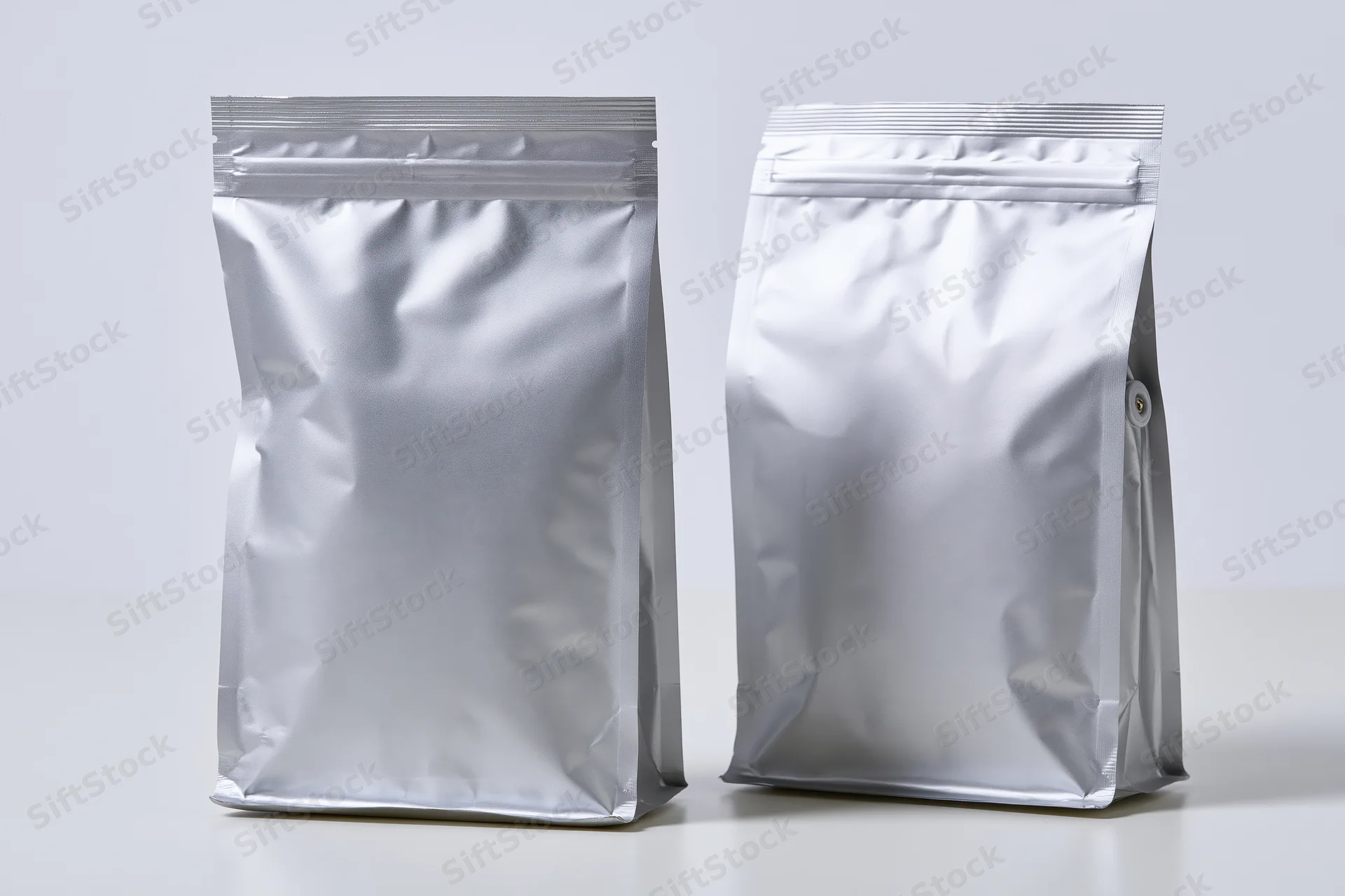Two blank matte silver foil coffee bags standing upright side by side on a white surface