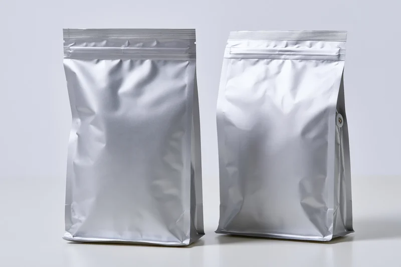 Two blank matte silver foil coffee bags standing upright side by side on a white surface