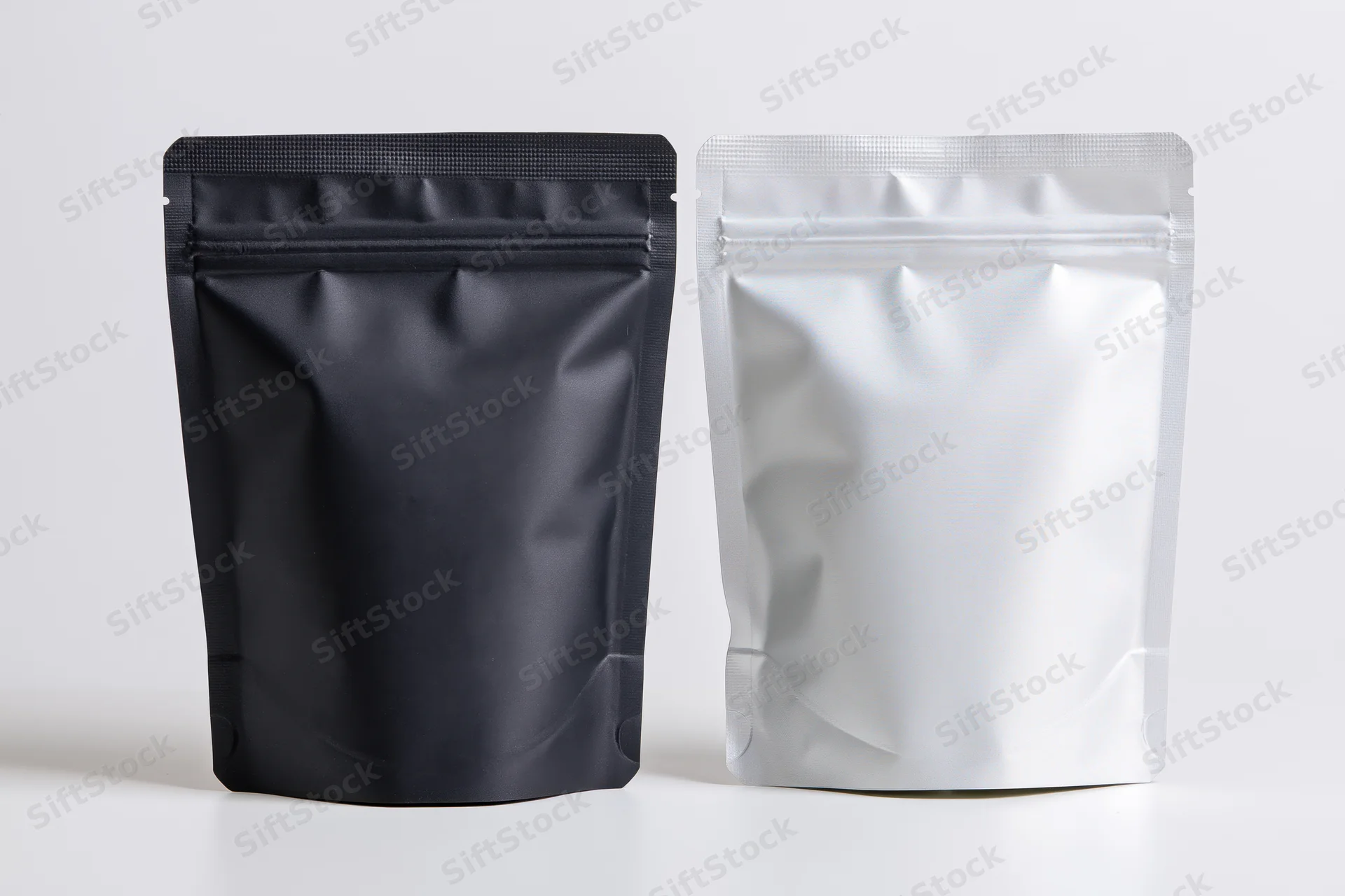 Two blank stand-up foil pouches side by side on white surface