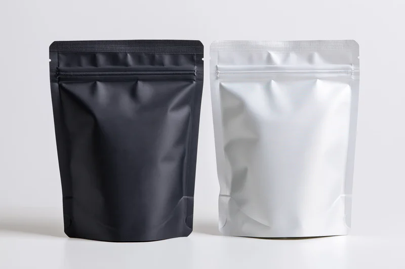 Two blank stand-up foil pouches side by side on white surface