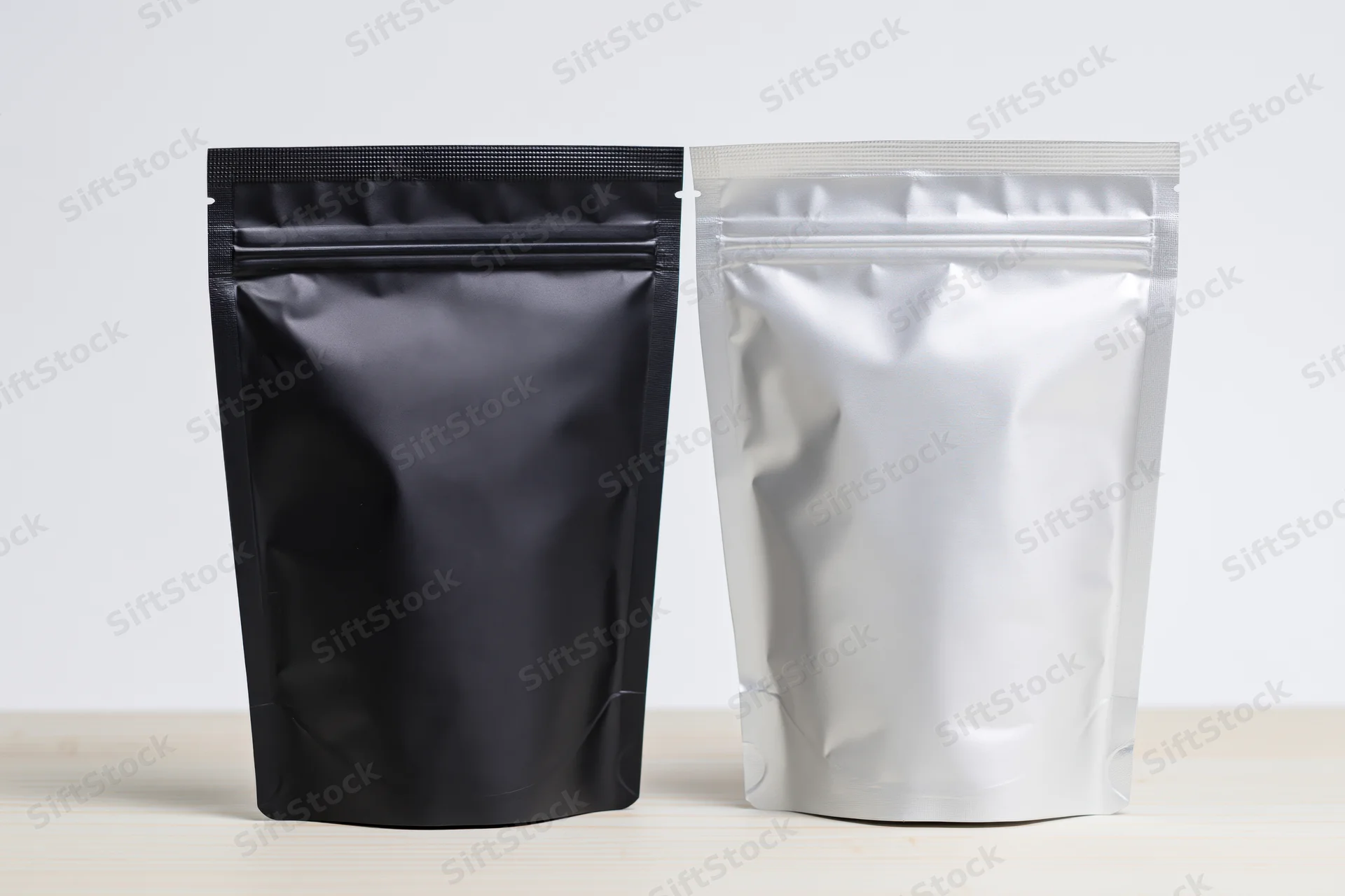 Two blank stand-up foil pouches side by side on a wooden surface