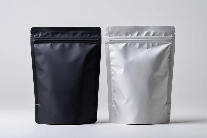 Two blank stand-up foil pouches side by side on white surface