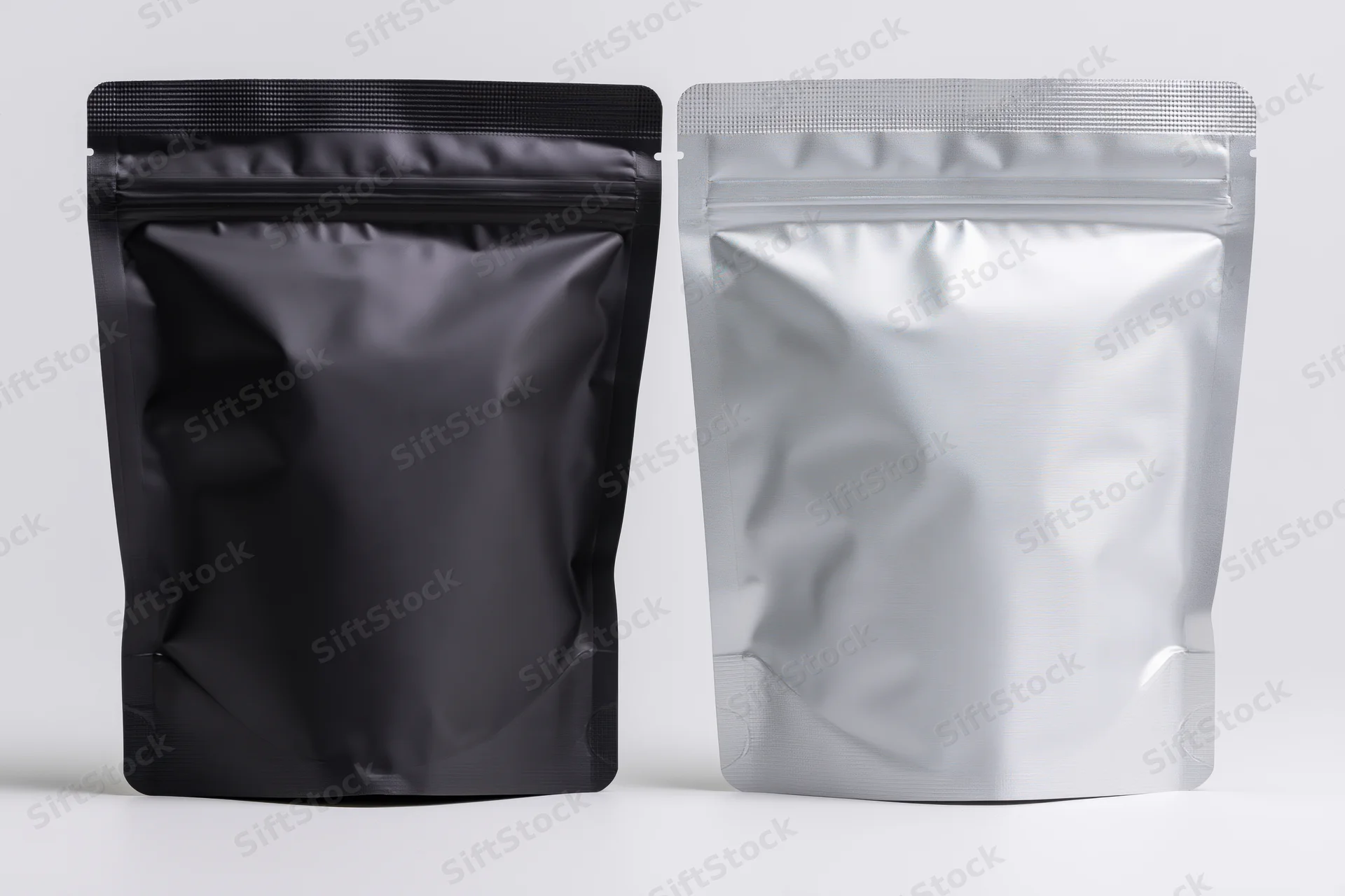 Two blank stand-up foil pouches side by side on white surface