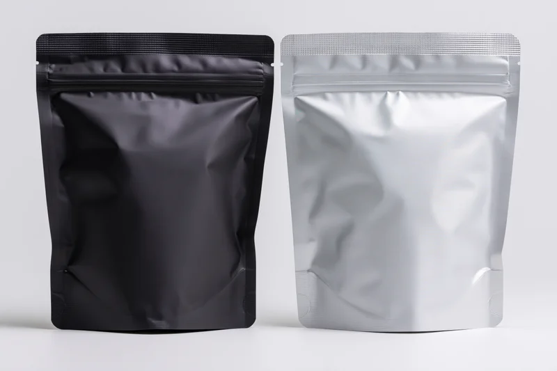 Two blank stand-up foil pouches side by side on white surface