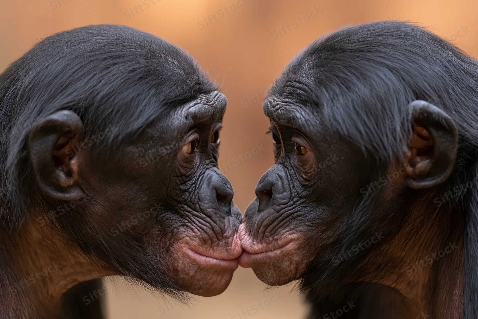 Two bonobos facing each other in close social grooming contact