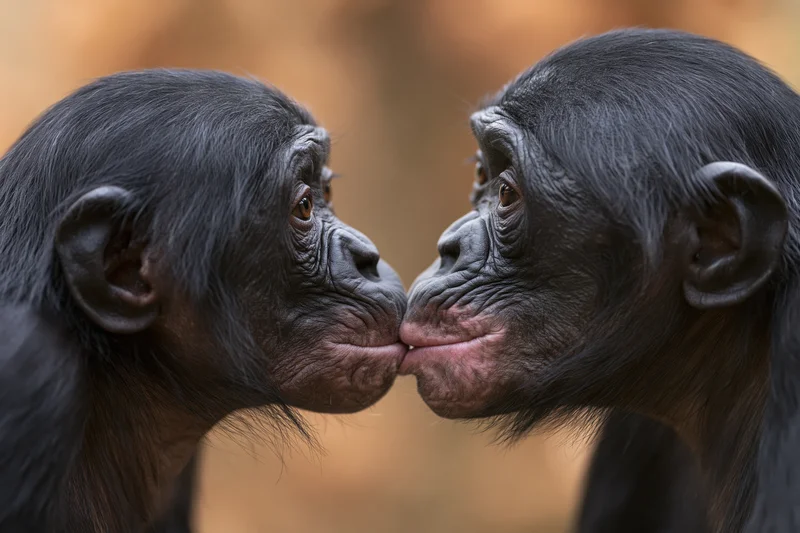 Two bonobos facing each other in close social grooming contact