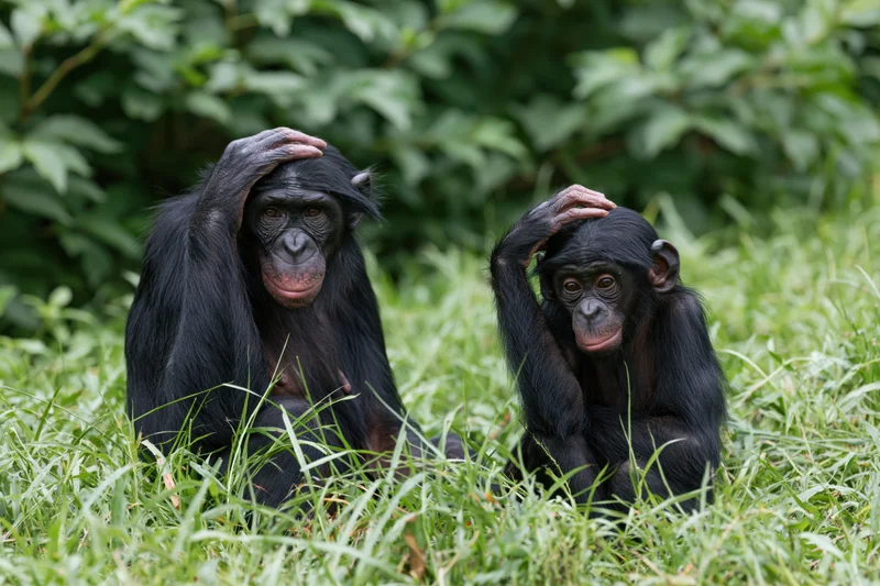 Two bonobos sitting in grass with hands on heads, one adult and one juvenile, in a lush green forest setting