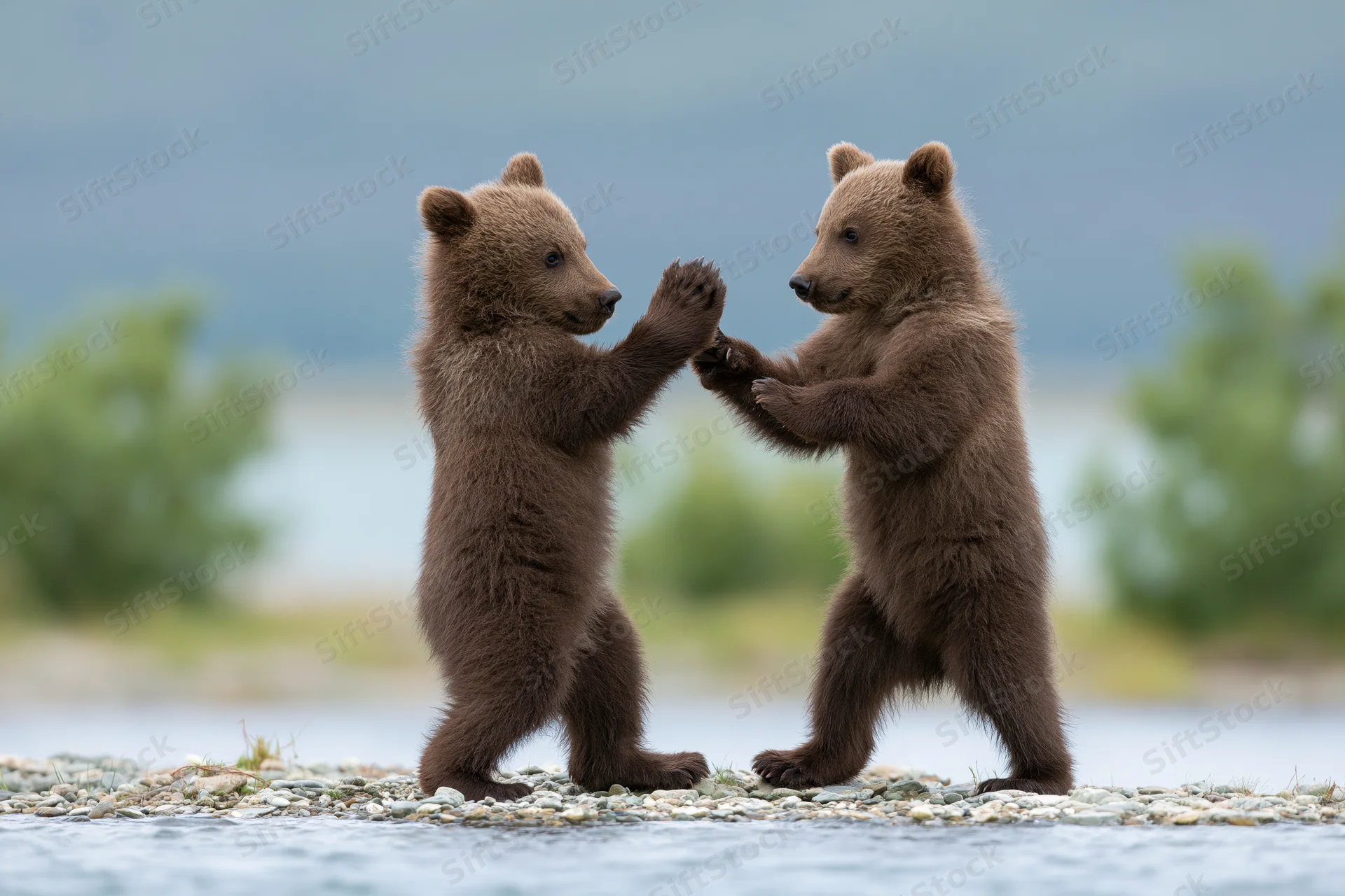 Two brown bear cubs play-fighting on a rocky riverbank