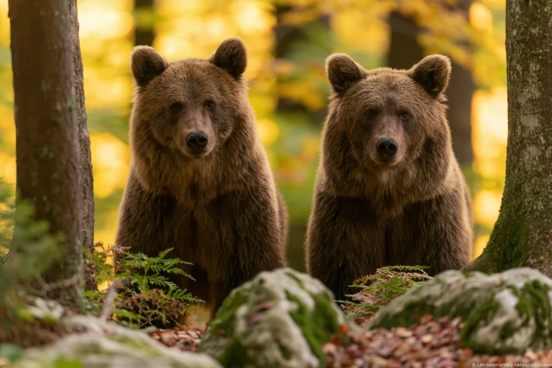 Two brown bears standing alert among forest undergrowth with mossy rocks and ferns in autumn light
