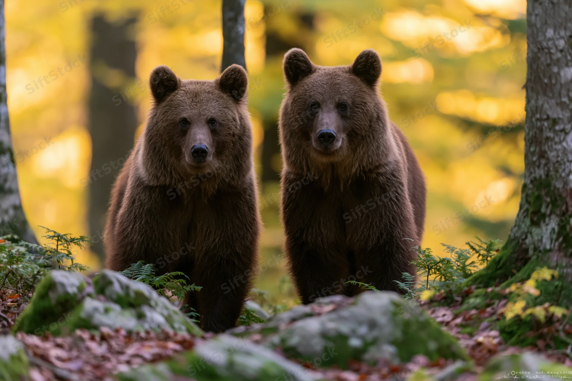 Two brown bears standing alert among forest undergrowth with dappled sunlight filtering through trees