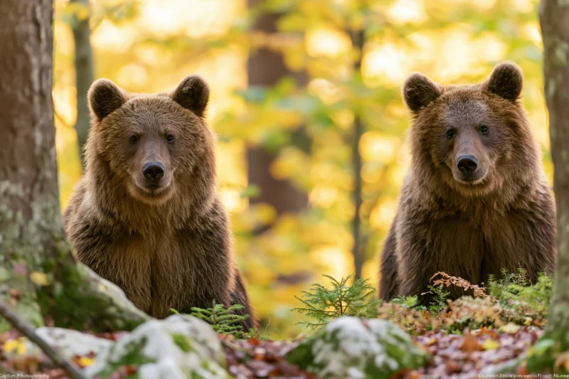 Two brown bears standing alert among forest undergrowth in autumn woodland