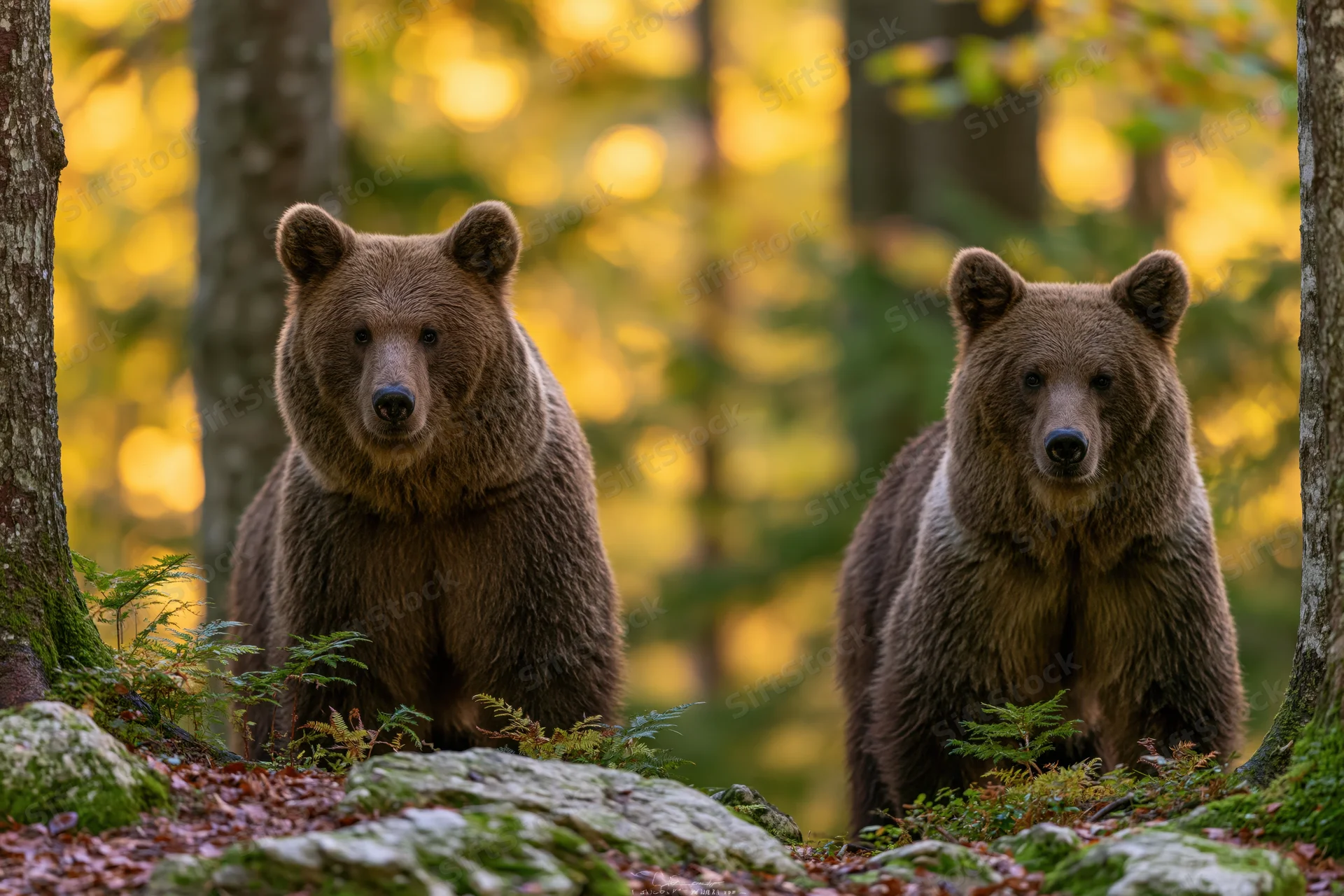 Two brown bears standing alert among forest undergrowth with mossy rocks and ferns