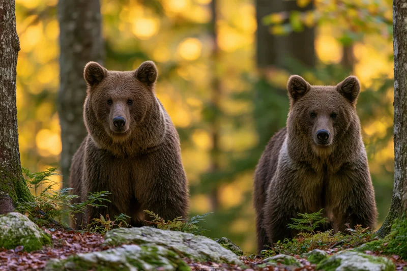 Two brown bears standing alert among forest undergrowth with mossy rocks and ferns