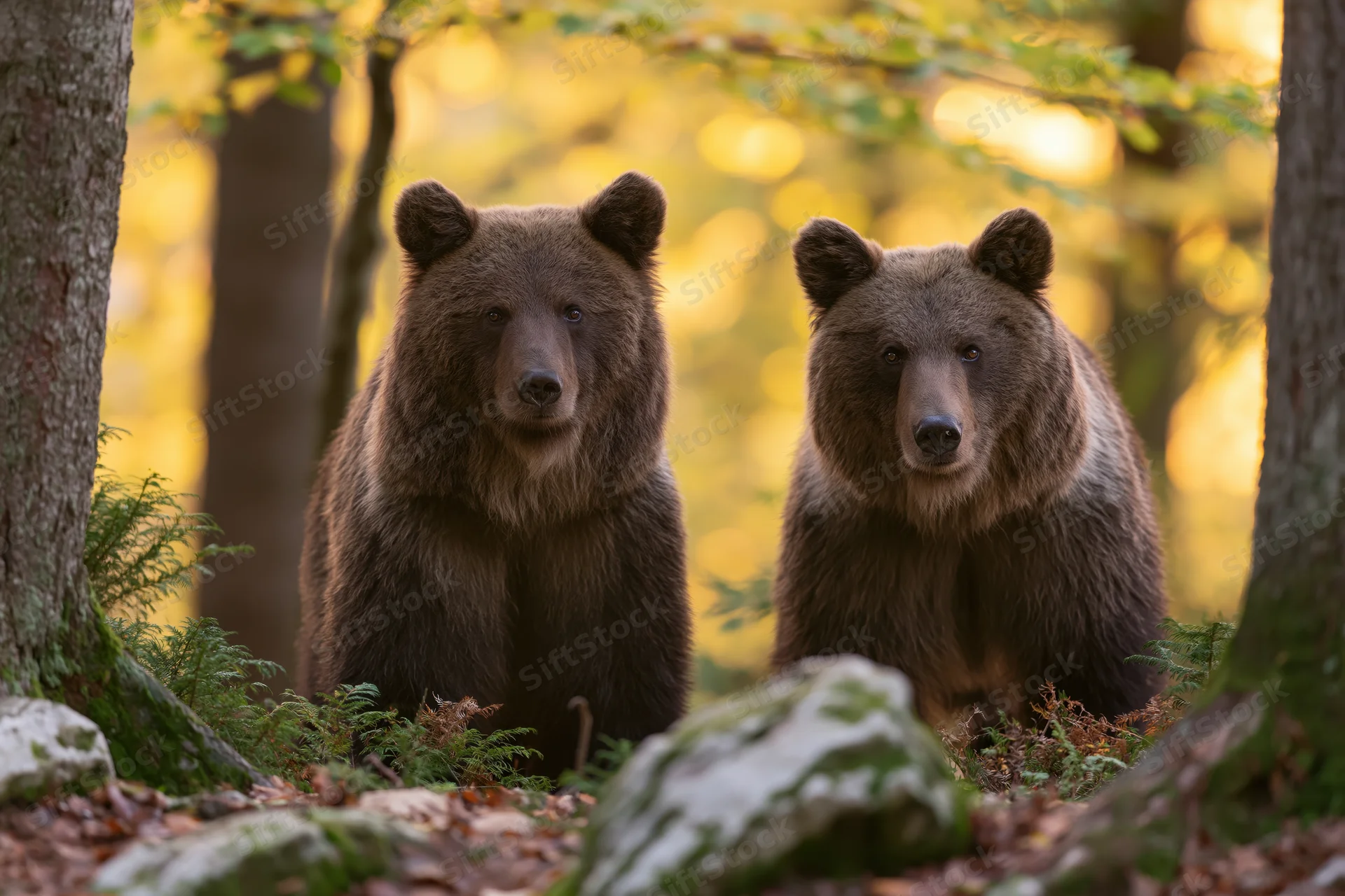 Two brown bears standing alert among forest undergrowth with mossy rocks and autumn foliage in background