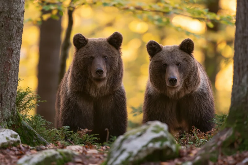 Two brown bears standing alert among forest undergrowth with mossy rocks and autumn foliage in background