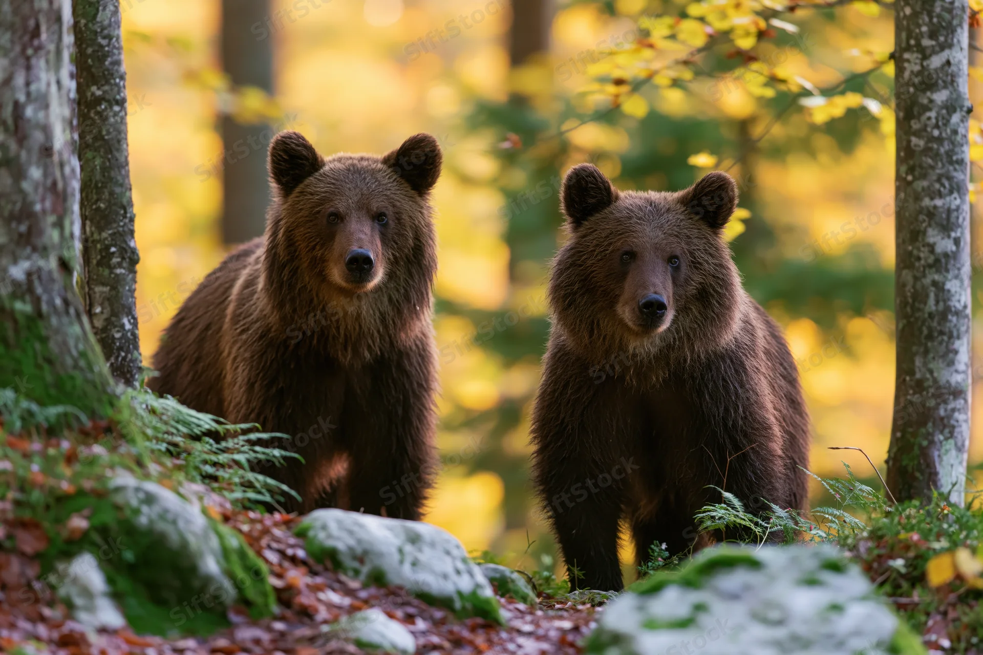 Two brown bears standing alert among forest undergrowth in autumn light