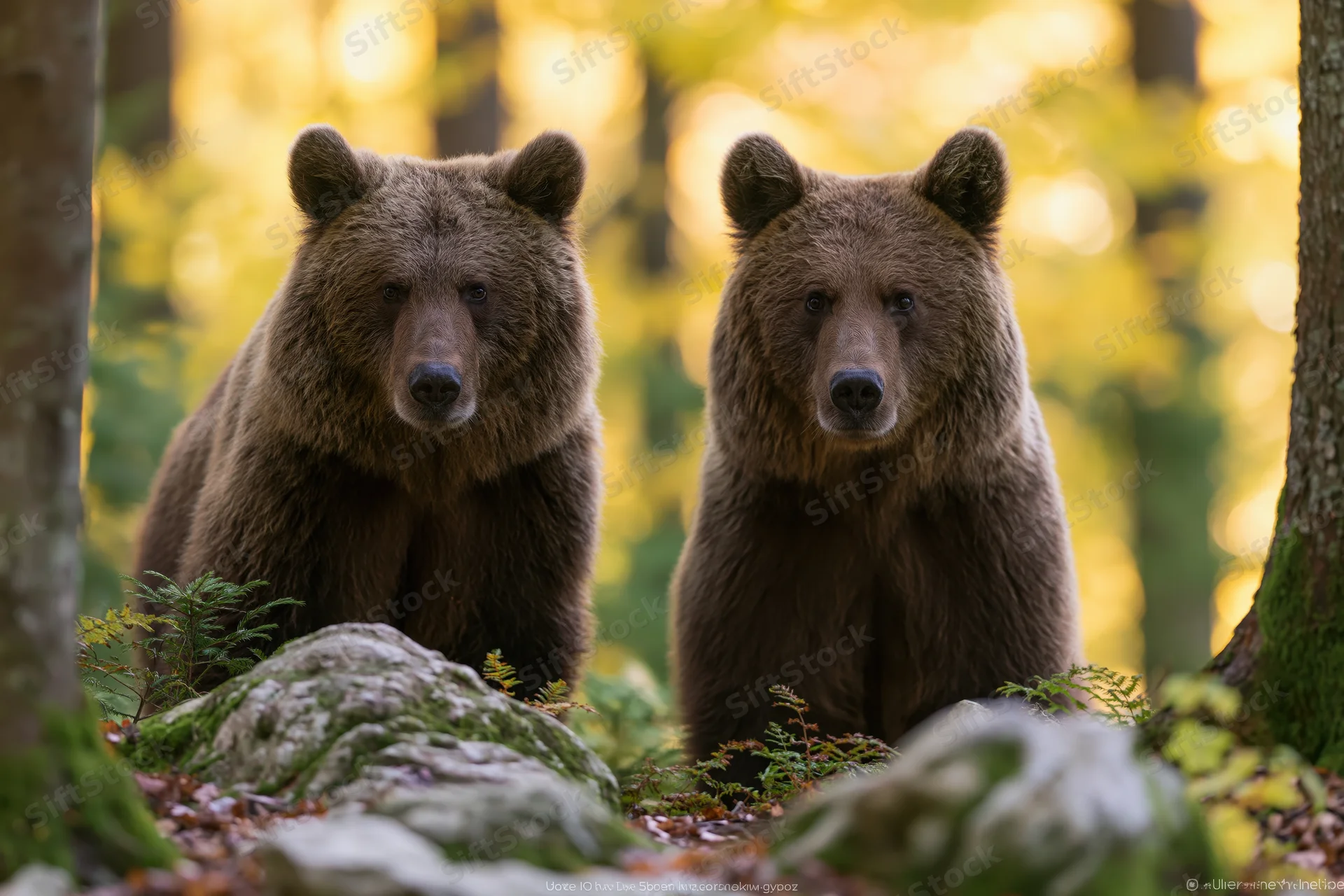 Two brown bears standing alert among forest undergrowth with mossy rocks and golden light filtering through trees