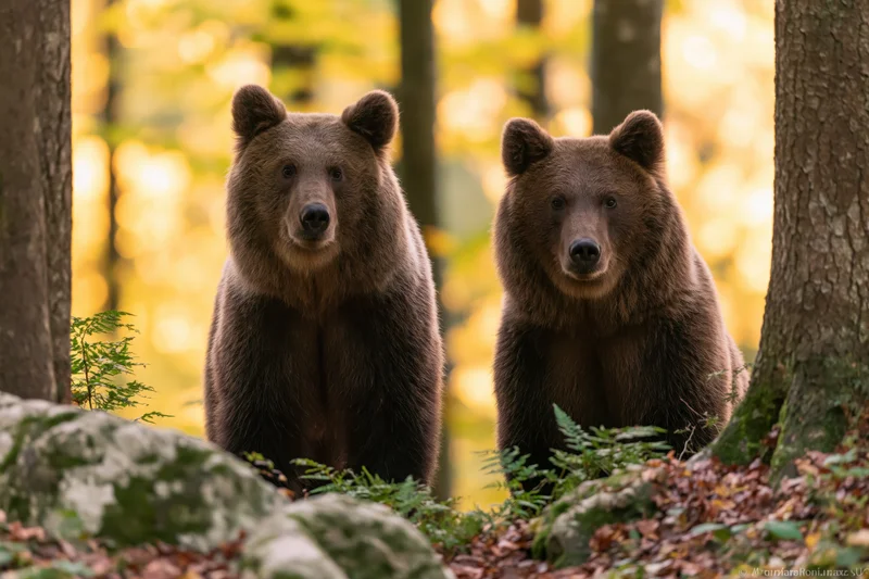 Two brown bears standing alert among forest undergrowth facing forward