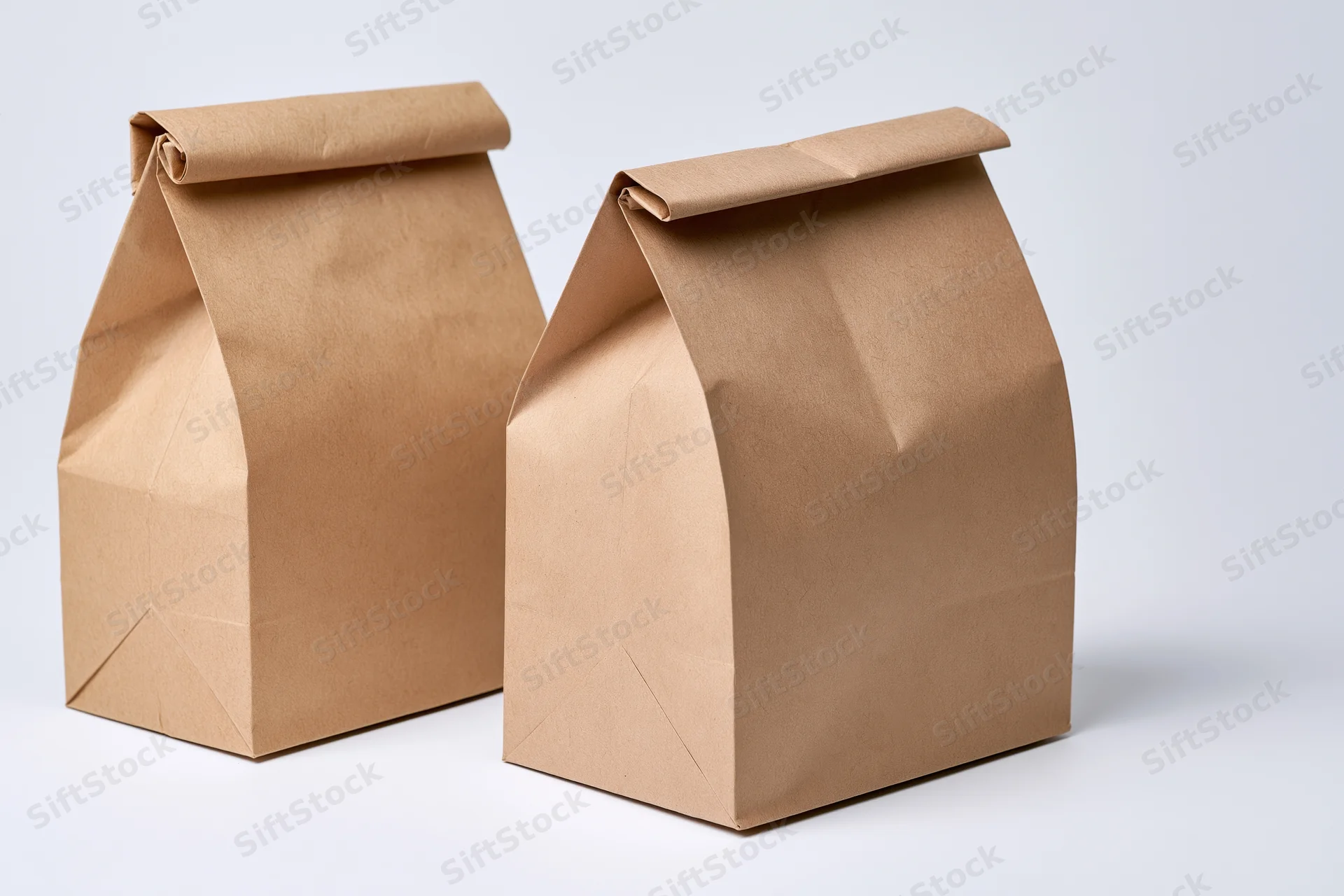Two brown kraft paper lunch bags standing side by side on a white background