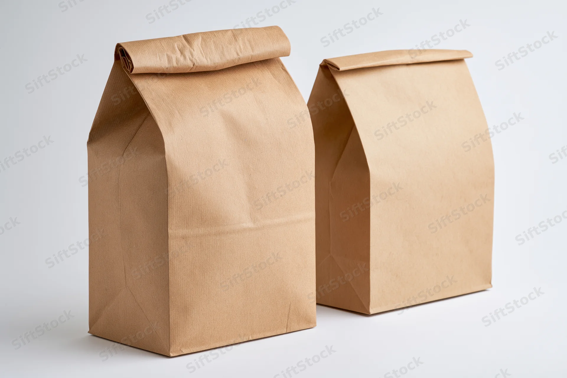 Two brown kraft paper lunch bags standing side by side on a plain white background