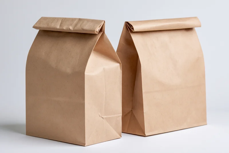 Two brown kraft paper lunch bags standing side by side on a white surface