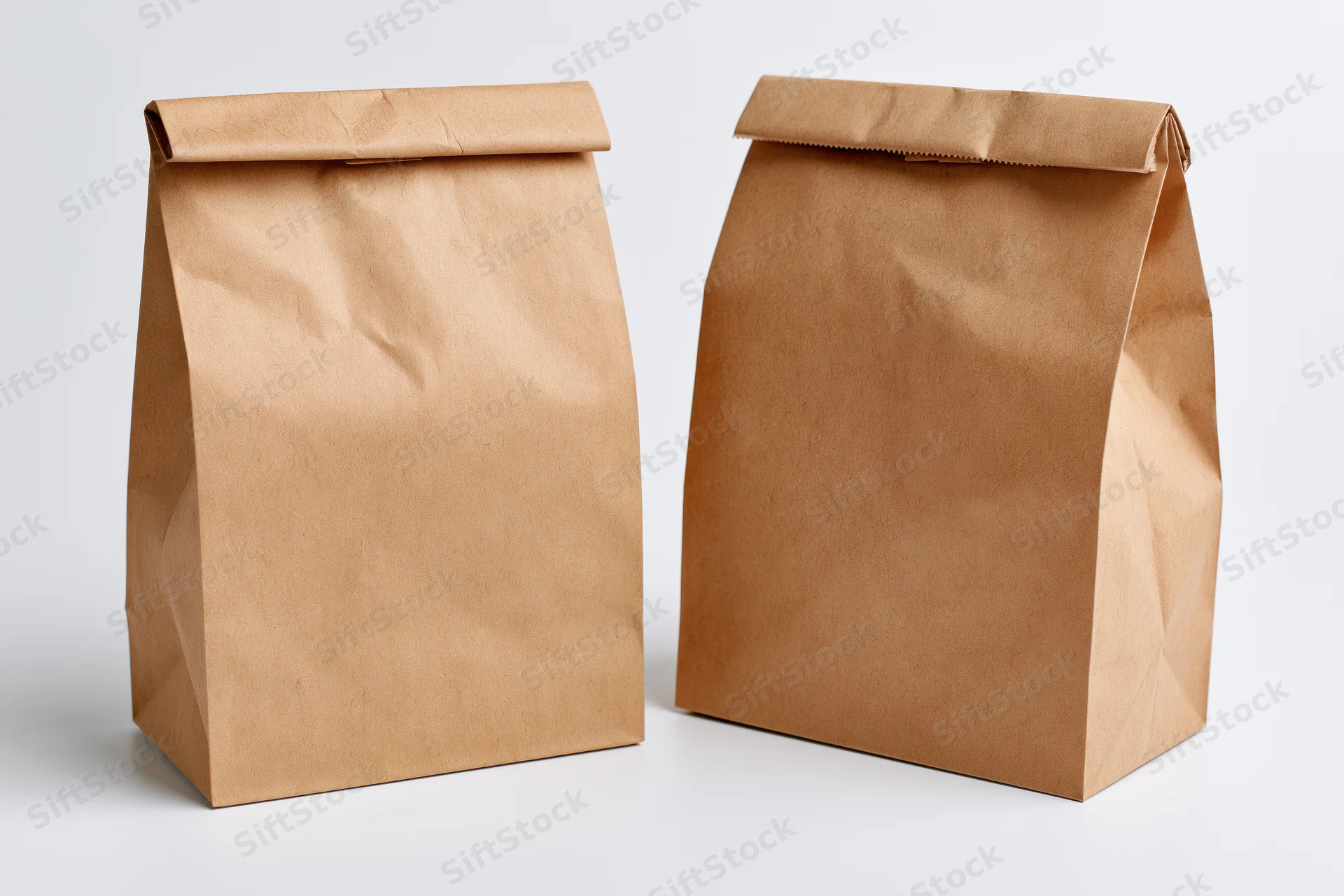 Two brown kraft paper lunch bags standing side by side on white background